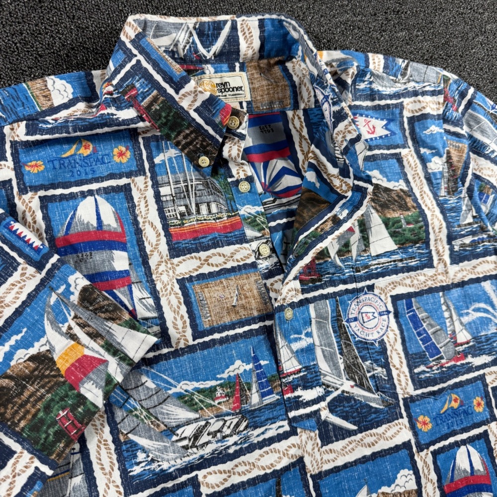 Reyn Spooner Transpac‎ Yacht Race 2015 Hawaiian Polo Shirt Men's L Sailboat AOP